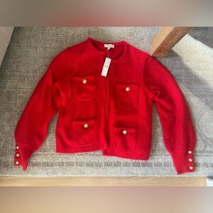 J. Crew Vibrant Red Cardigan with Gold Buttons